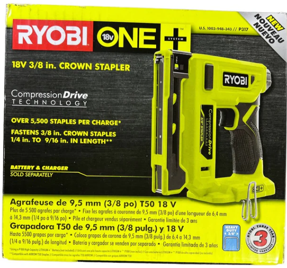 Ryobi P317 ONE+ 18V Compression Drive Cordless 3/8 in. Crown Stapler