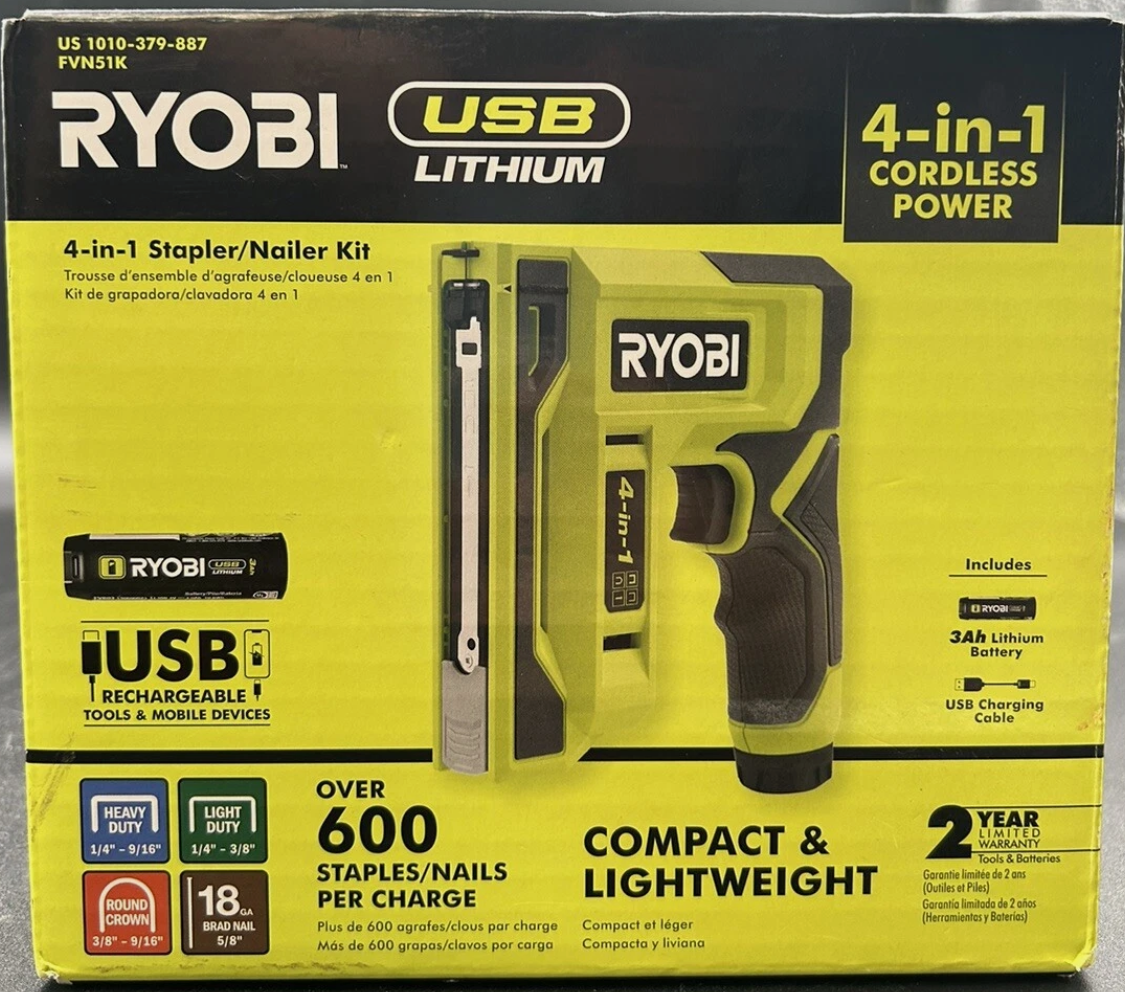 Ryobi FVN51K USB Lithium Cordless Craft 4-in-1 Stapler/Nailer Kit with 3.0 Ah Battery and Charging Cable
