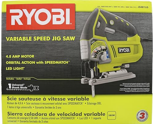 Ryobi JS651L1 6.1 Amp Corded Variable Speed Orbital Jig Saw with SPEEDMATCH Technology