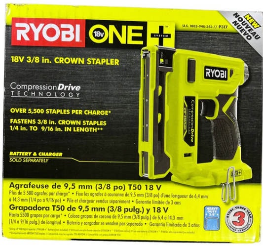 Ryobi P317 ONE+ 18V Compression Drive Cordless 3/8 in. Crown Stapler