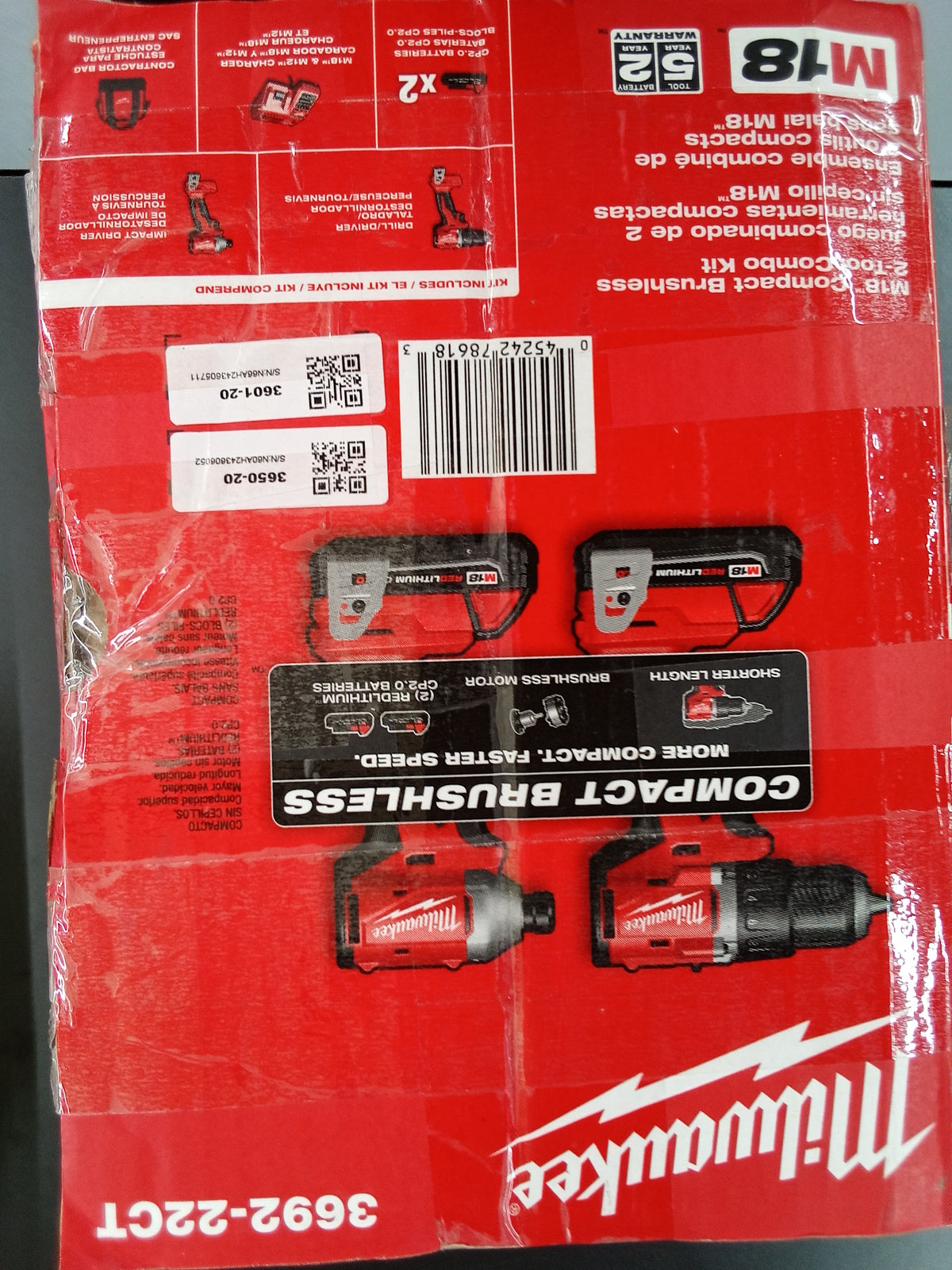 Milwaukee 3692-22CT M18 18V Lithium-Ion Brushless Cordless Compact Drill/Impact Combo Kit (2-Tool) w/(2) 2.0 Ah Batteries, Charger & Bag
