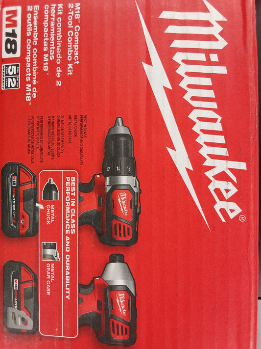 Milwaukee 2691-22 M18 18V Lithium-Ion Cordless Drill Driver/Impact Driver Combo Kit (2-Tool) W/ Two 1.5Ah Batteries, Charger Tool Bag