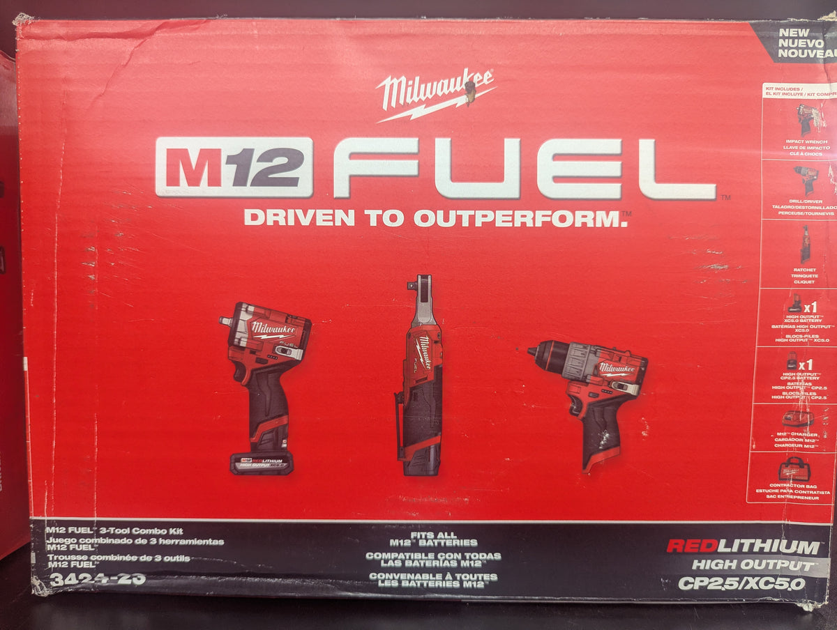 Milwaukee 3424-23 M12 FUEL 12V Lithium-Ion Cordless Drill Driver, Impact Wrench, and Ratchet Combo Kit (3-Tool) w/Batteries, Charger & Bag