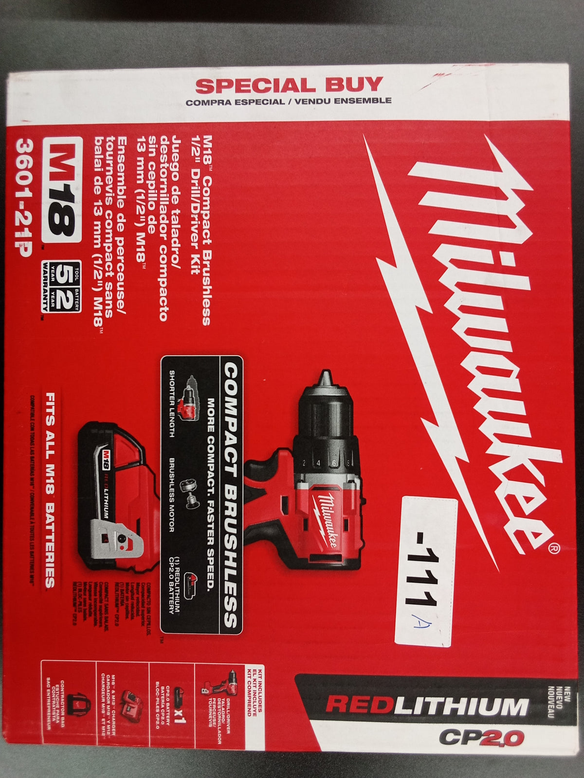 Milwaukee 3601-21P M18 18V Lithium-Ion Brushless Cordless 1/2 in. Compact Drill/Driver with One 2.0 Ah Battery, Charger and Tool Bag